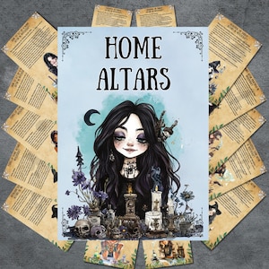 May include: A central image with the words "HOME ALTARS" features a gothic illustration of a woman with long black hair, surrounded by candles, skulls, and flowers. The image is surrounded by smaller cards with text.