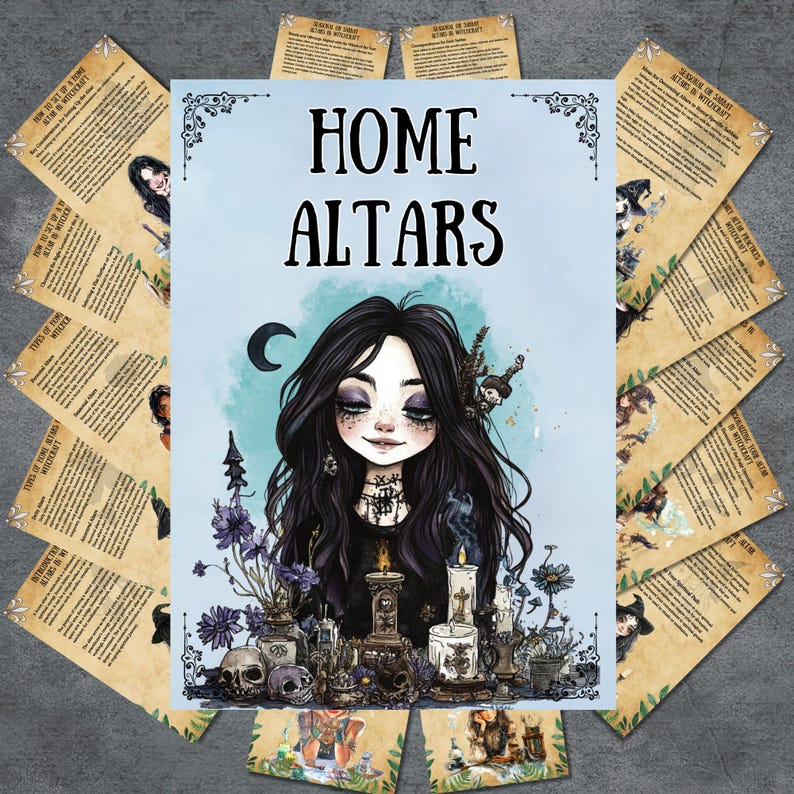 May include: A central image with the words "HOME ALTARS" features a gothic illustration of a woman with long black hair, surrounded by candles, skulls, and flowers. The image is surrounded by smaller cards with text.
