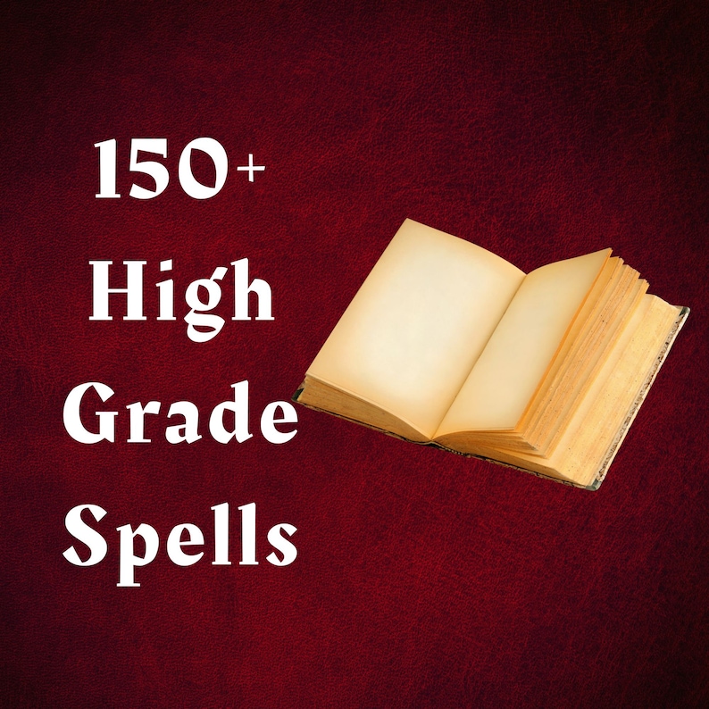Puede incluir: Un libro abierto con p&aacute;ginas en blanco sobre un fondo rojo. El texto "150+ High Grade Spells" est&aacute; escrito en blanco sobre el libro.