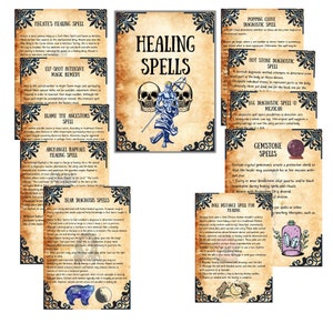 May include: A set of vintage-style cards featuring illustrations and text describing different healing spells. The cards depict a blue and white illustration of a man holding a trident, a skull, a bear, a gemstone, and a doll.