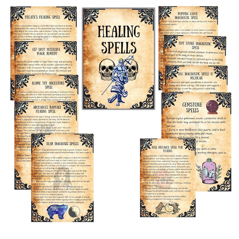 May include: A set of vintage-style cards featuring illustrations and text describing different healing spells. The cards depict a blue and white illustration of a man holding a trident, a skull, a bear, a gemstone, and a doll.