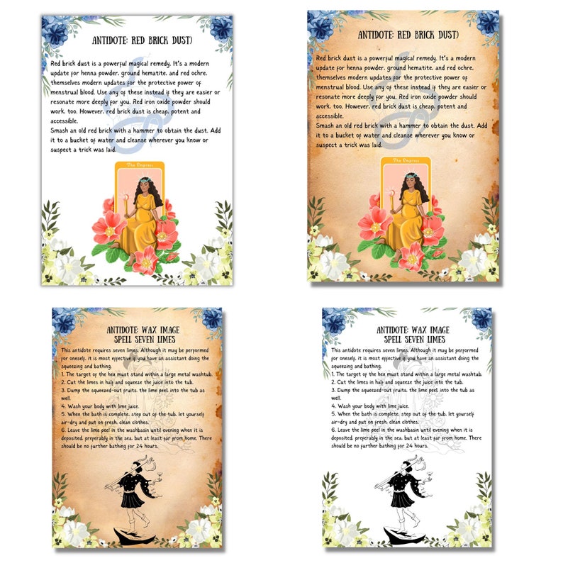 May include: Four printable cards with instructions for a spell using red brick dust and limes. The cards feature a woman in a yellow dress and a man in a blue and white outfit. The text on the cards includes the words "Anti-dote", "Red Brick Dust", "Wax Image", and "Spell Seven Limes".