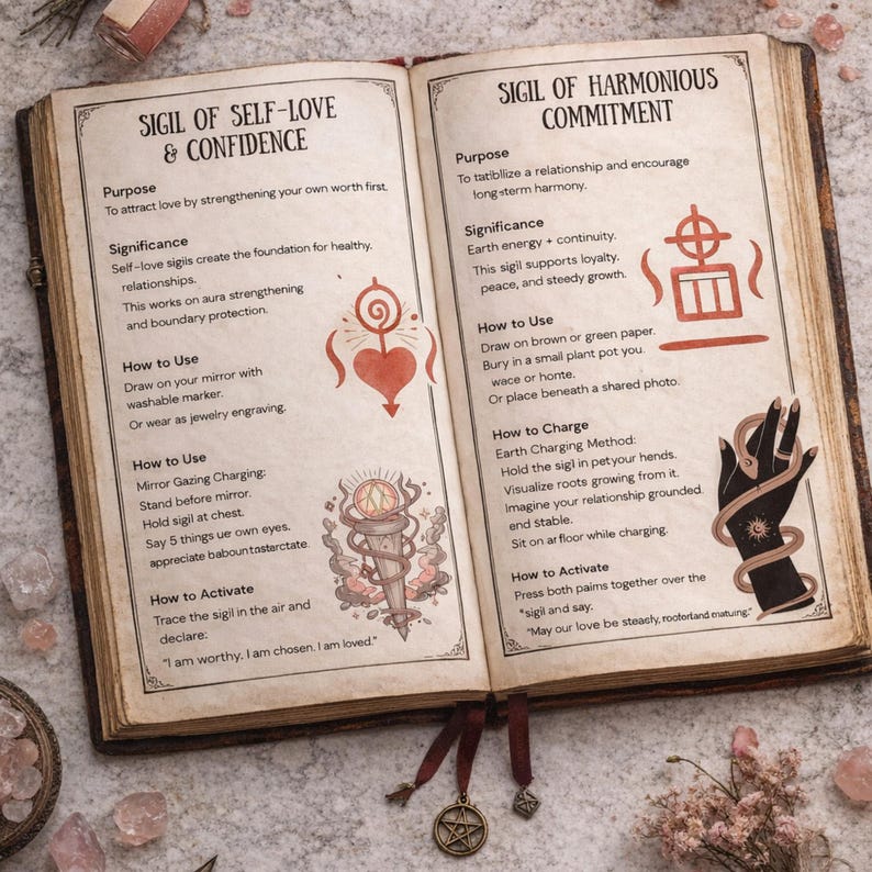 May include: An open book with pages featuring sigils and text on self-love, confidence, and harmonious commitment. The book has a worn, antique appearance with decorative elements and ribbon bookmarks. The pages include illustrations and instructions.