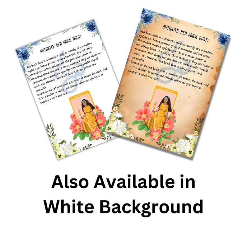 May include: Two printable cards with a vintage aesthetic featuring a woman in a yellow dress and a crown. The cards have a floral border and the text "ANTIDOTE RED BRICK DUST". The text describes the use of red brick dust as a magical remedy. The cards are available in white background.