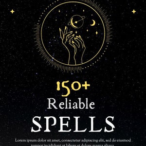 Puede incluir: Un fondo negro con estrellas doradas y una luna creciente. En el centro hay un c&iacute;rculo con dos manos que se alzan hacia un planeta con anillos. El texto "150+ Reliable SPELLS" est&aacute; debajo del c&iacute;rculo. El texto "Lorem ipsum dolor sit amet, consectetur adipiscing elit, sed do eiusmod tempor incididunt ut labore et dolore magna aliqua." est&aacute; debajo del texto "SPELLS". Tres coronas de laurel doradas est&aacute;n debajo del texto.