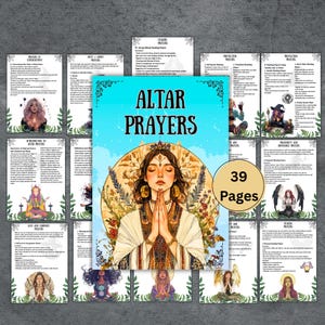 May include: A collection of spiritual guides and prayer cards. The central image features a woman with closed eyes, hands in prayer, and the text "ALTAR PRAYERS." Surrounding the central image are cards with text and illustrations, including "39 Pages."
