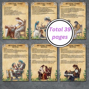 Op de afbeelding: Een set van zes ge&iuml;llustreerde pagina's met tekst over chakra healing en aura reinigingstechnieken. De pagina's bevatten illustraties in vintage stijl en de tekst "Total 39 pages" in een cirkelvormig ontwerp.