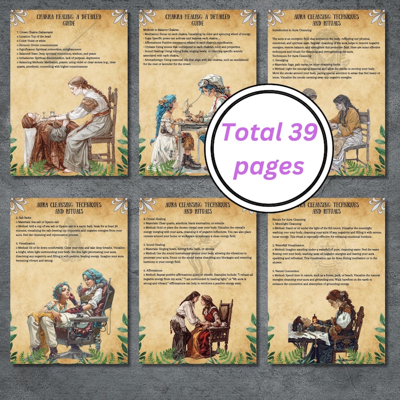 Op de afbeelding: Een set van zes ge&iuml;llustreerde pagina's met tekst over chakra healing en aura reinigingstechnieken. De pagina's bevatten illustraties in vintage stijl en de tekst "Total 39 pages" in een cirkelvormig ontwerp.