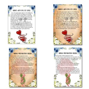May include: Four illustrated cards with text and images. The top two cards feature a red heart with a bottle and the text "Bride's Anti-Evil Eye Spell". The bottom two cards feature a pair of hands and the text "Bridal Preparation Kikubo".