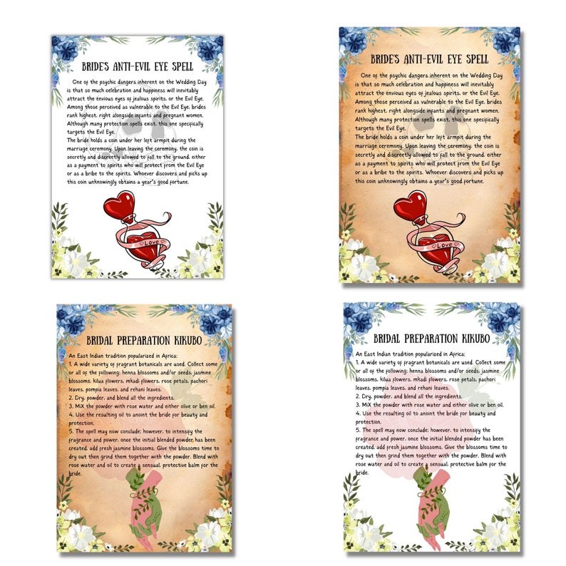 May include: Four illustrated cards with text and images. The top two cards feature a red heart with a bottle and the text "Bride's Anti-Evil Eye Spell". The bottom two cards feature a pair of hands and the text "Bridal Preparation Kikubo".
