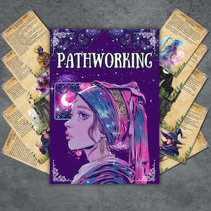 Könnte beinhalten: Ein lila Buchcover mit dem Wort "PATHWORKING" in Weiß, das das Profil einer Frau mit einem galaktisch thematisierten Kopftuch zeigt. Mehrere beige Karten mit Text und Illustrationen umgeben das Buch und deuten auf ein spirituelles oder mystisches Thema hin.
