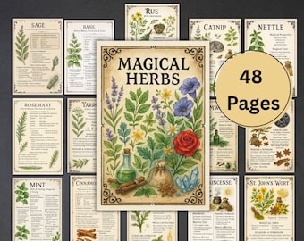 48 Magical Herbs, Herbal witch, Grimoire pages, witchcraft journal, herbs rituals, spells, correspondences, herb reference sheets, BOS