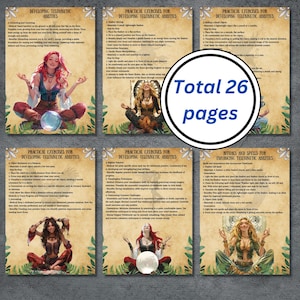May include: A set of six illustrated pages with instructions for developing telekinetic abilities. Each page features a woman with long red hair, wearing a green dress and a crystal ball. The pages are decorated with a vintage, parchment-like background.