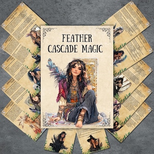Op de afbeelding: Een boekomslag met de titel "FEATHER CASCADE MAGIC" en een illustratie van een vrouw met lang donker haar, die een hoofdband en sieraden draagt en op een patroonkleed zit. De vrouw heeft een veren vleugel. Verschillende kleinere kaarten met illustraties en tekst omringen het boek.