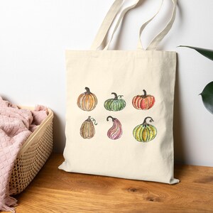 Sac fourre-tout citrouille d'automne | Sac fourre-tout en toile aquarelle citrouille | Sac fourre-tout automne | Ambiance automnale chaleureuse | Sac fourre-tout champ de citrouilles | Sac automnal style cottage
