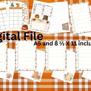 Può includere: Una collezione di pagine per agenda digitale con illustrazioni a tema autunnale di foglie, ricci e bevande calde. I fogli includono calendari settimanali e mensili con il testo Digital File e A5 and 8 1/2 X 11 included.