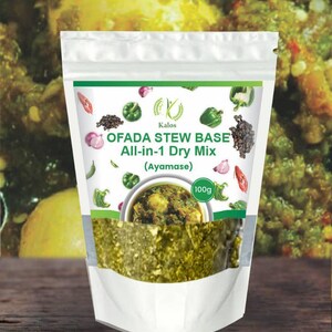 May include: A white pouch of "OFADA STEW BASE All-in-1 Dry Mix (Ayamase)" with a green and white label. The label features illustrations of vegetables and a bowl of stew. The pouch contains 100g of dry mix.