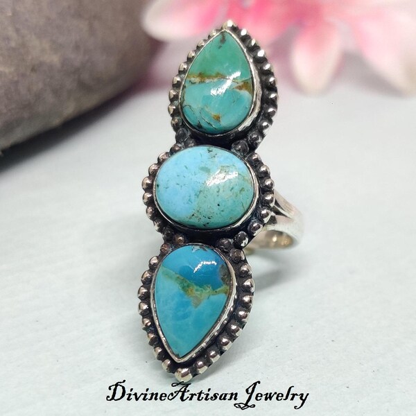 Anillo de turquesa Kingman / Anillo de plata de ley 925 / Anillo bohemio / Joyería hippie / Anillo de piedra natal de marzo / Anillo de turquesa azul / Regalo para ella