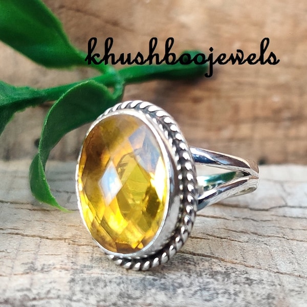 A shimmering 925 sterling silver handcrafted ring studded with oval shaped natural Citrine faceted gemstone for man and woman.