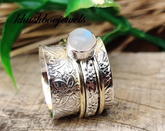 Moonstone Ring, Spinner Ring, 925 Silver Ring, Handmade Ring, Gemstone Ring, Texture Spinner, Moonstone jewelry, Women Ring, Gift For Her