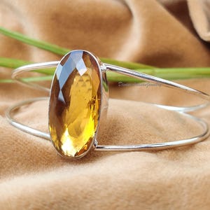 Gele citrien manchetarmband, 925 zilveren armband, handgemaakte armband, zilveren sieraden, geboortesteenarmband, manchetarmband, verstelbare armband met edelsteen