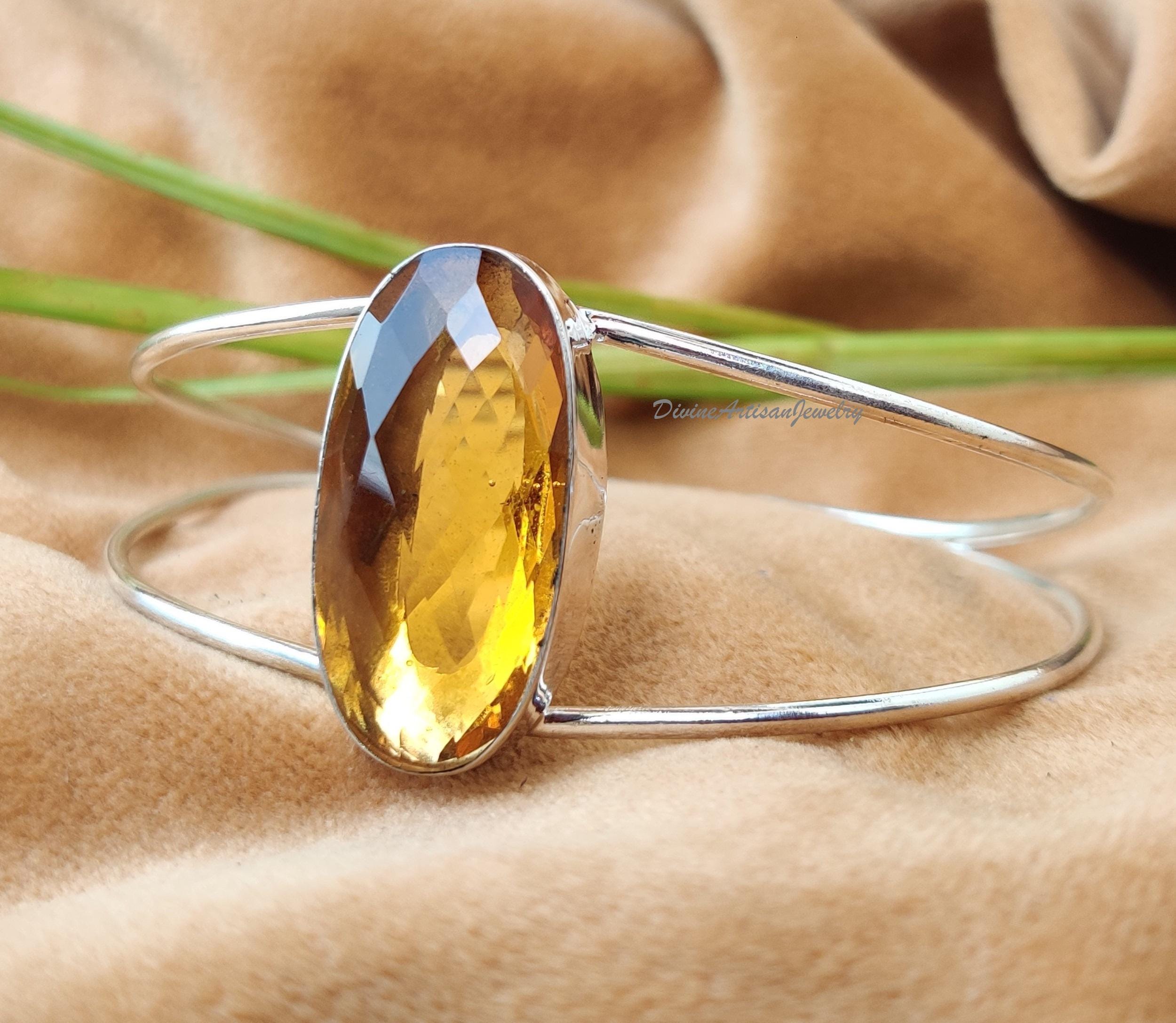Bracelet Manchette En Argent 925 Avec Citrine - Fait Main, Réglable, Pierre Jaune 10x14mm