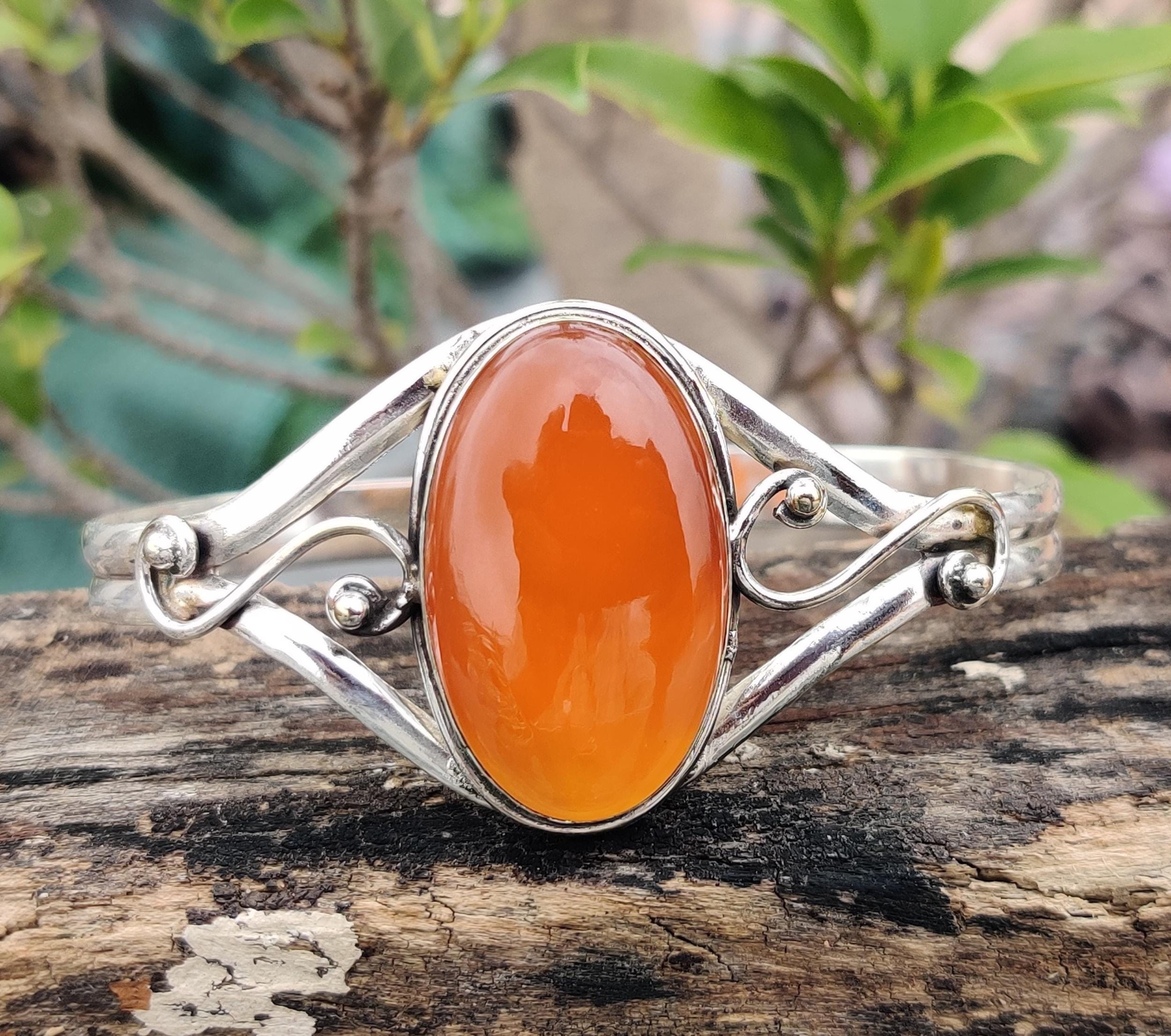 天然カーネリアンシルバーバングル、宝石925スターリングシルバー