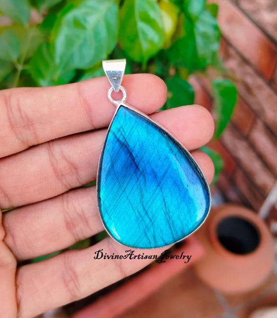 Pendentif En Argent 925 Fait Main Avec Labradorite Bleue Naturelle - Bijou Artisanal