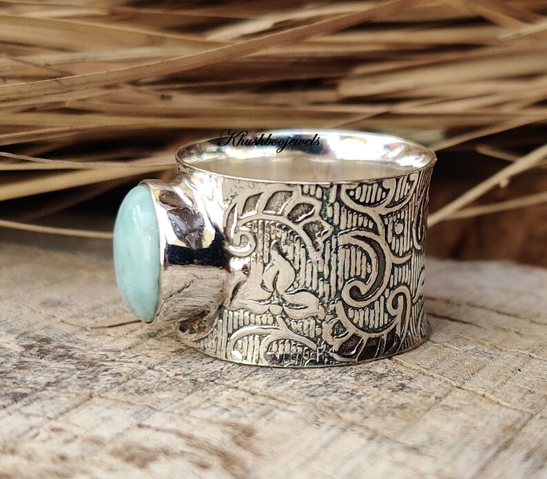 Handmade Ring Larimar Ring Women Ring Silver Band Ring Larimar Jewelry Gemstone Ring Antique Ring Silver Band Ring Gift For Her
