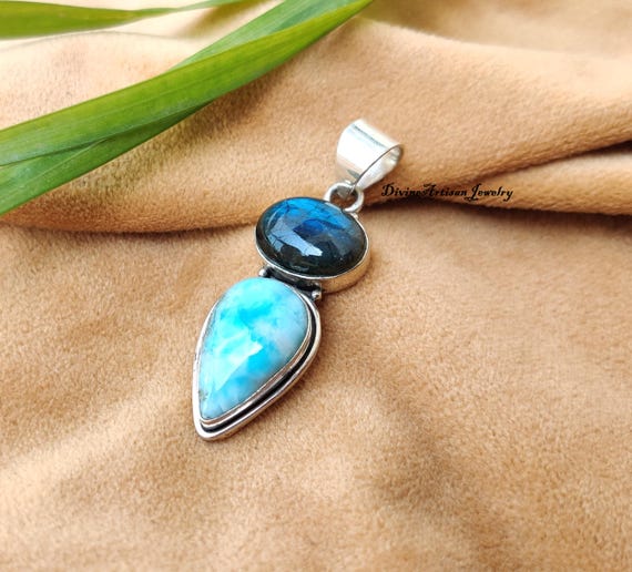 Blue Fire Labradorite & Larimar Pendant, Solid 925 Sterling Silver Pendant, Handmade Pendant, Two Stone Pendant, Gemstone Pendant Gift Her