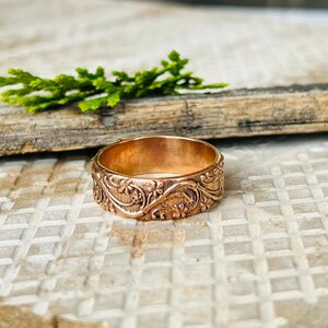 Vintage Floral Engraved Band Ring, Antique Style Copper Ring, Handmade Boho Ring, Minimalist Wedding Band, Gift for Her