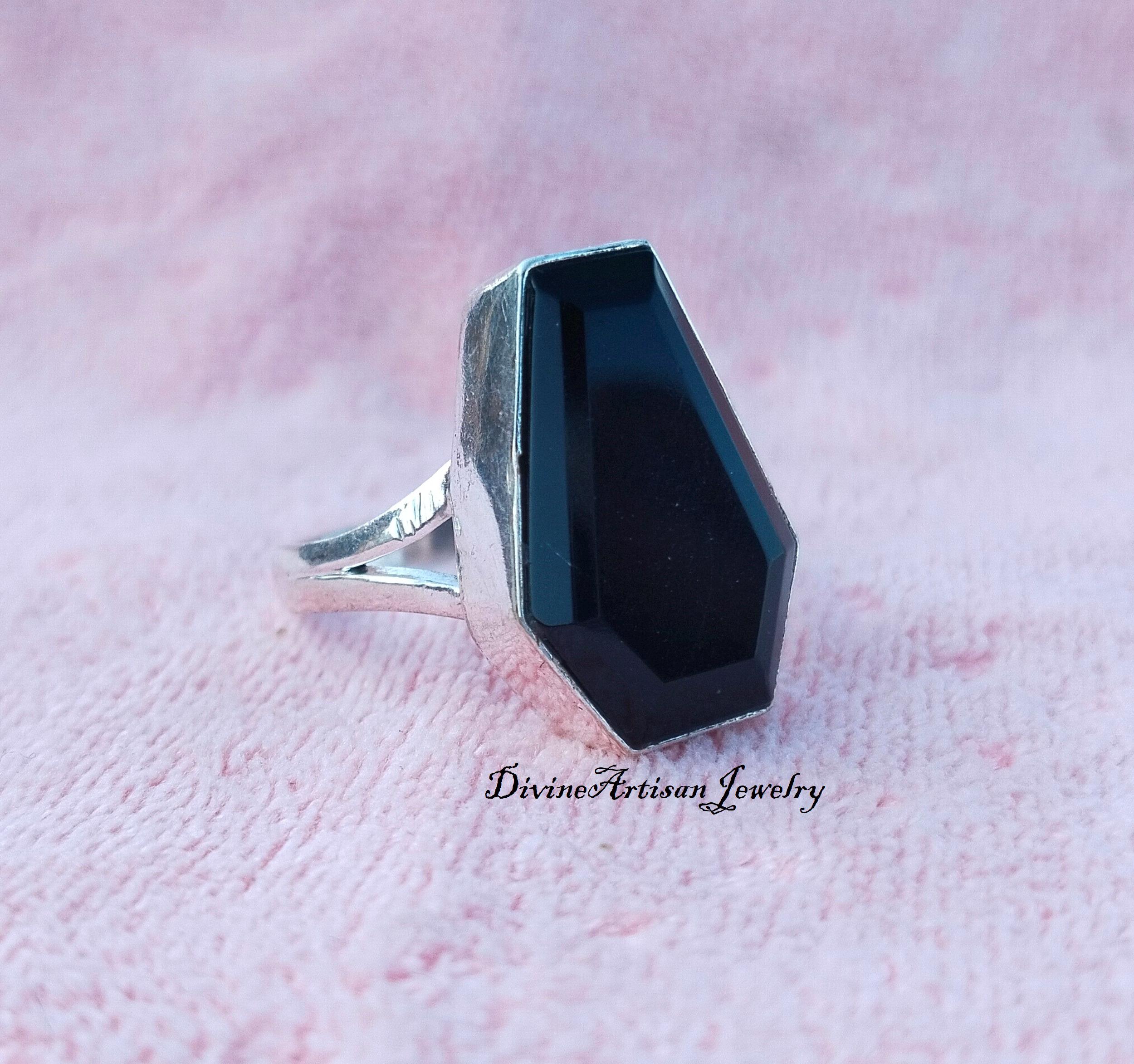 ★TOU★ [Silver925] NC018 Bold Onyx Ring Bold Coffin Black Onyx Silver Ring, Striking Statement Piece