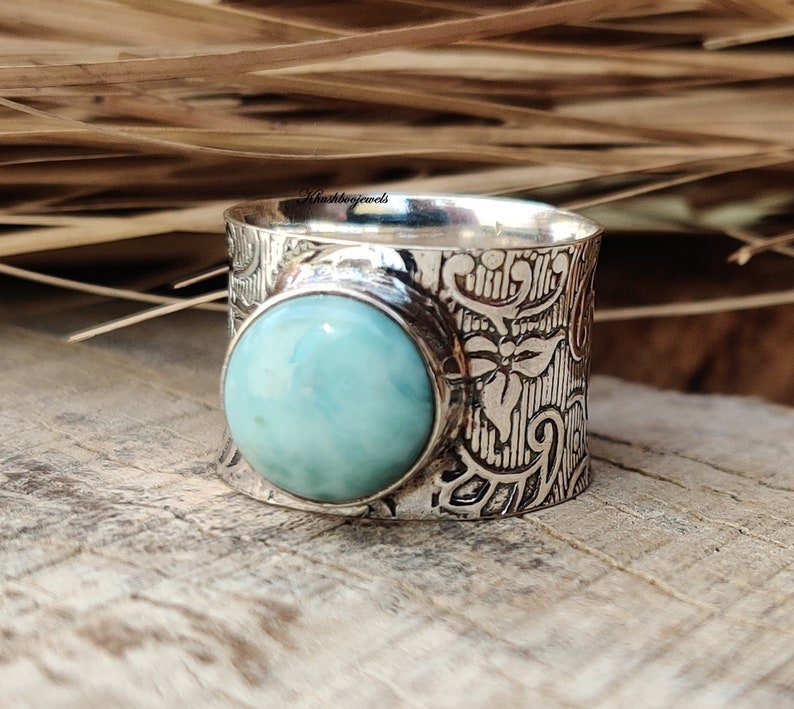Handmade Ring Larimar Ring Women Ring Silver Band Ring Larimar Jewelry Gemstone Ring Antique Ring Silver Band Ring Gift For Her