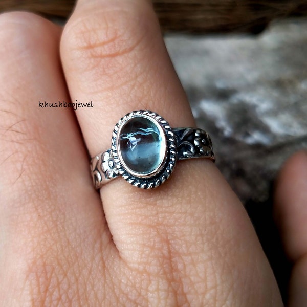 Round Aquamarine ring, 925 Sterling silver ring, Women ring, Worry ring, Statement ring, Fidget ring, Boho ring, Gemstone ring, Gift For Her