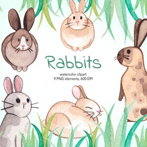 Rabbits Watercolor Clipart, Bunnies Clip Art, Nursery Art, Printable Rabbits Illustrations