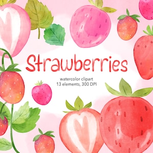 Strawberries Clipart, Strawberry Clip Art, Watercolor Berries, Cute Fruit
