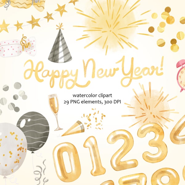 Silvester Aquarell Clipart, Silvester, Gold und Silber Party Dekor, Konfetti, Folienzahlen Luftballons, Feuerwerk