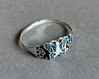 Enamel Butterfly Sterling Silver Ring Taxco Size 9