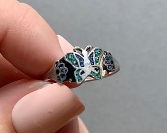 Handmade Enamel Butterfly Sterling Silver Ring Size 9