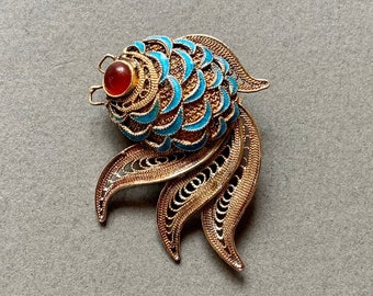 Broche de pescado de filigrana de exportación china vermeil y esmalte