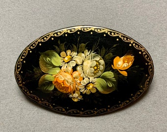 Russian Hand Painted and Lacquered Wooden Brooch