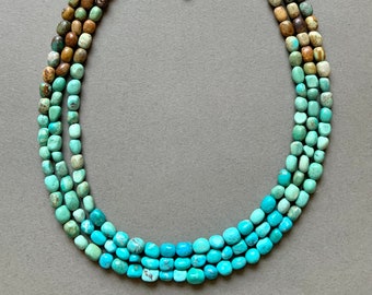 Collar de cuentas de 3 hilos de turquesa Bisbee natural verde, azul y marrón