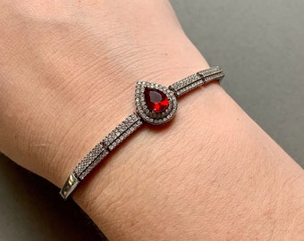 Faux Ruby Sterling Silver Teardrop Bracelet