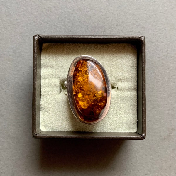 Natural Baltic Amber and Sterling Silver Ring Size 7