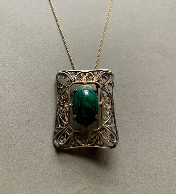 Malachite & Vermeil Filigree Rectangular Brooch /… - image 6