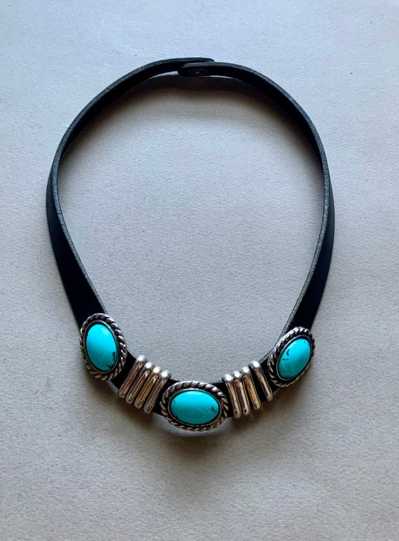 Turquoise, Sterling Silver, and Leather Choker Nec