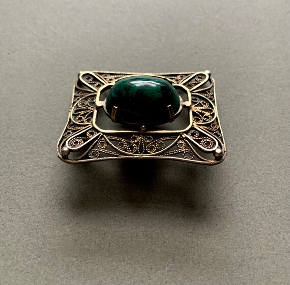 Malachite & Vermeil Filigree Rectangular Brooch /… - image 4