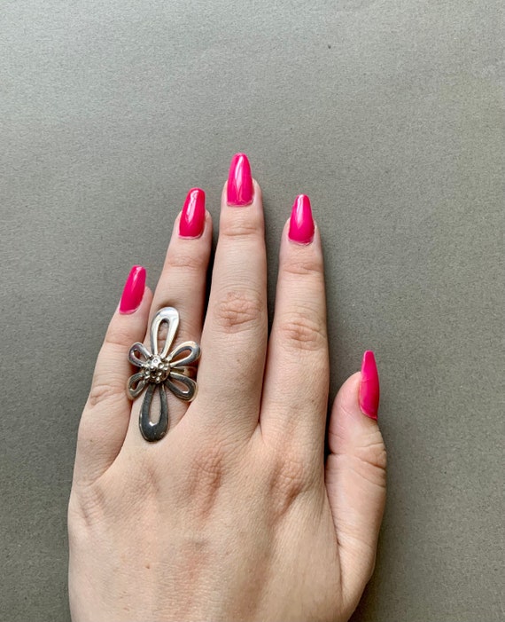 Sterling Silver Flower Statement Ring Signed Turk… - image 1