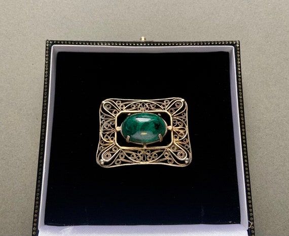 Malachite & Vermeil Filigree Rectangular Brooch /… - image 2