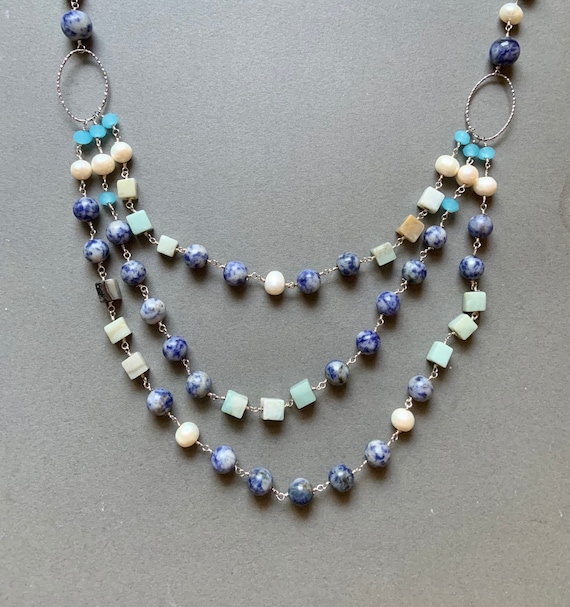 Green Moonstone, Sodalite, and Pearl Beaded Neckl… - image 1